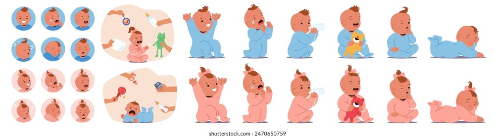 Set Of Cute Baby Emoji In Various Poses And Expressions. Male And Female Infants Playing, Sleeping, Smiling, And Crying. Stages And Emotions Of Early Childhood Development. Cartoon Vector Illustration