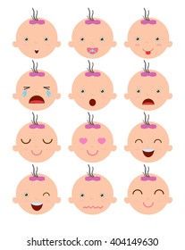 Set of cute baby emoticons, Adorable baby emotions flat modern style, cartoon baby girl faces,Vector Illustration.