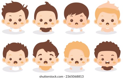 Set süße Baby-Emoticons. Sehr einfache, aber ausdrucksstarke Cartoon-Baby-Gesichter. Moderner, flacher, Vektorstil, weißer Hintergrund