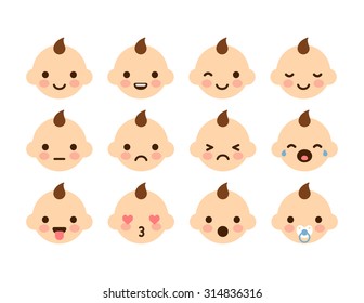 Set of cute baby emoticons. Very simple but expressive cartoon  baby boy faces. Modern flat vector style.