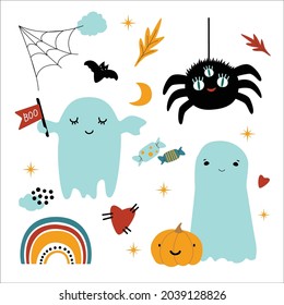 Set of cute baby ghosts and spider for Happy Halloween. Bat, pumpkin, heart. Isolated illustration in flat style for nursery or holiday decor, postcard, poster, fabric