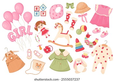 Set of cute baby girl clothes, accessories, balloons, horse, doll and toys. Design elements perfect for baby shower invitations, cards and party decor. Festive vector design for celebrations isolated