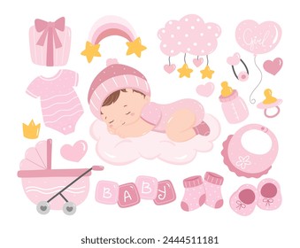 
Set of Cute Baby Girl and Nursery Elements