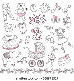 Set of cute baby girl things. Vector contour.