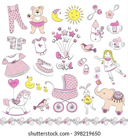 Set Of The Cute Baby Girl Things. Vector Background.