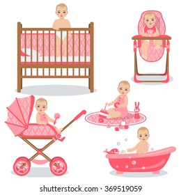 Set with cute baby girl in various position - waking, sitting in a carriage and highchair, playing with toys and swimming in bath. The child activities in the first year from the birth. 