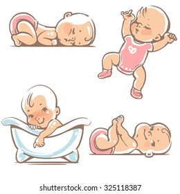 Set  of cute baby girls.  0-12 months. Various poses. First year activities. Sleeping positions, on stomach, on back, legs in hands.  Swimming in bath. Vector Illustration isolated on white background