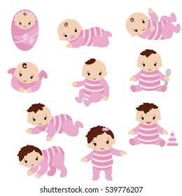 Set of cute baby girls. 0-12 months. Various poses. First year activities.