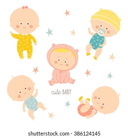 Set with cute baby girls and boys. Growth from newborn to toddler. Various poses.First year. activities. Sitting, standing, playing, smiling. Vector Illustration isolated  on white background