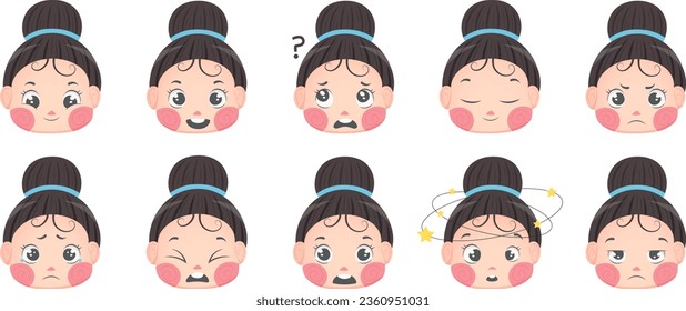 Set of cute baby girl's face with emotions and sensations. Emotion, joy, confusion, calmness, anger, sadness, disgust, fright, dizziness, indifference. Vector illustration