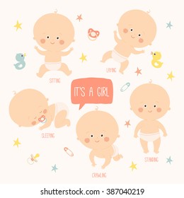 Set with cute baby girls. Growth from newborn to toddler. Various poses.First year. activities. Crawling, sitting, standing, playing, sleeping. Vector Illustration isolated  on white background