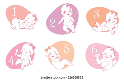 Set with cute baby girls. Growth from newborn to toddler. Various poses.First year. activities. Crawling, sitting, standing, playing, smiling. Vector Illustration isolated on white background