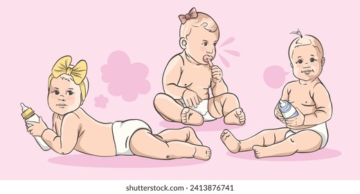 Set of cute baby girls on pink background
