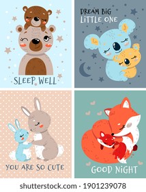 Set of cute baby greeting or invitation cards or posters. Animals hugging their cubs. Flat cartoon vector illustration