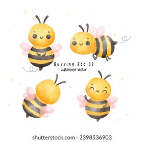 Set of Cute baby honey bee watercolor cartoon character hand painting illustration vector.