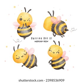 Set of Cute baby honey bee watercolor cartoon character hand painting illustration vector.