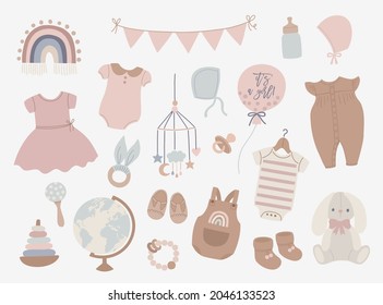 Conjunto de lindas ilustraciones de bebés al estilo boho escandinavo. Caricatura infantil de niñas camilla vectorial en colores mudos, para tarjeta de invitación a la ducha de bebé, decoración de sala de vivero.