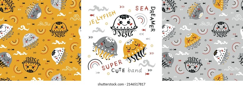 Set of Cute Baby Jellyfish Poster and Seamless Patterns. Childish Background with Medusa Kawaii Characters, Waves, Little Fish and Rainbows. Vector Sea Animals Drawing for Tee Print for Kids.