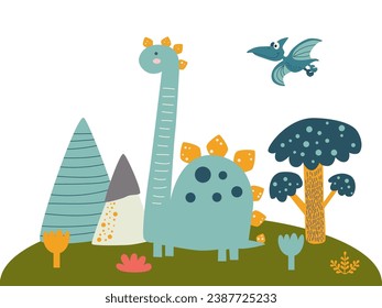 Set süßer Dinosaurier, Ei, Blatt, Vulkan. Kinderliche prähistorische Dinopaläontologie. Brontosaurus, Velociraptor, Triceratops, Tirex, Tyrannosaurus, Pterodactylus. Cartoon-Vektorgrafik.