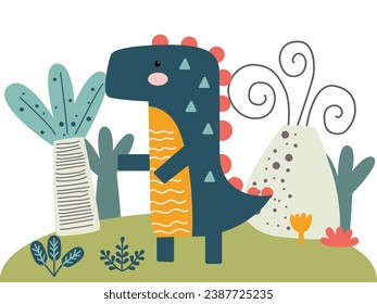 Set of cute baby jurassic dinosaurs, egg, leaf, volcano. Childish prehistoric dino paleontology. Brontosaurus, velociraptor, triceratops, tirex, tyrannosaurus, pterodactylus. Cartoon vector.