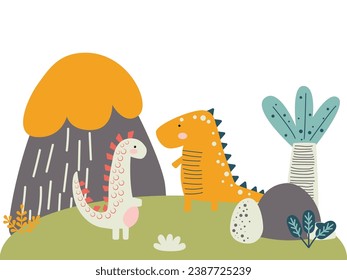 Set of cute baby jurassic dinosaurs, egg, leaf, volcano. Childish prehistoric dino paleontology. Brontosaurus, velociraptor, triceratops, tirex, tyrannosaurus, pterodactylus. Cartoon vector.