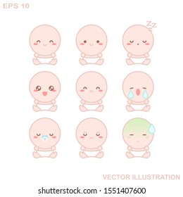 Set of cute baby kawaii emoticons with different expressions.Funny emoji faces. Simple cartoon vector illustration.White background.