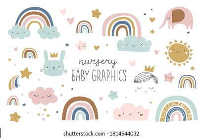 Set cute baby   kids graphics  illustrations in Scandinavian style  Rainbow  cloud  star  elephant  rain  bunny  prince  crown  sun  sky  Posters  greeting cards  invitations  clothing 