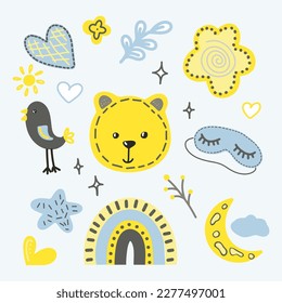 Set of cute baby and kids graphics, illustrations in modern style. Rainbow, cloud, star, bear and sleep mask, bird in sky. Posters, greeting cards, invitations, clothing.