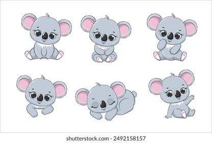 Conjunto de lindo bebé koala en diferentes poses. Ilustración vectorial.