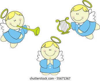 set of cute baby little angels cherub with harp,trumpet and candle