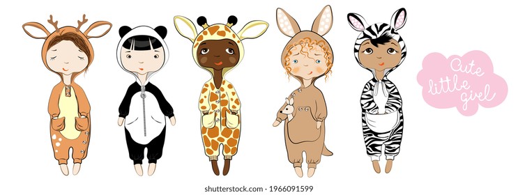 Set of cute baby. Little girl in overalls. Zebra, panda, giraffe, kangaroo, deer costume. Cartoon style. Vector illustration.