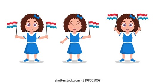 Set of cute baby with Luxembourg flag in hand. Girl with a flag. Vector illustration