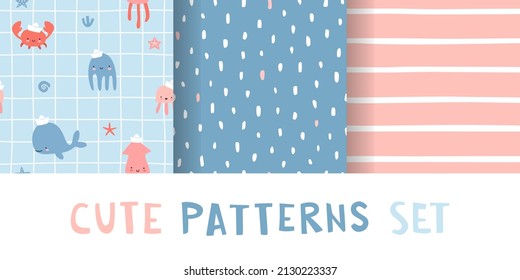Set of cute baby marine patterns. Blue and pink seamless vector prints collection for kids fabric.