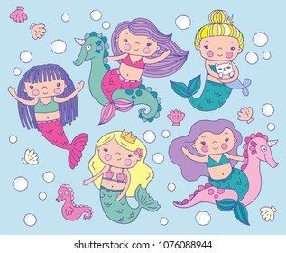 A set of cute baby mermaids swimming and riding sea horses. Vector ilustration. 