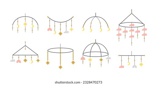 Set of cute baby mobiles isolated on white background. Baby hanging toys with moon, stars, clouds, rainbows.