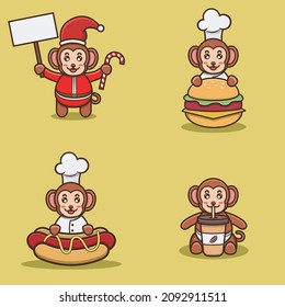 Set Of Cute Baby Monkey Character With Various Poses. Christmas, Chef On Burger, Hot Dog and On Coffee Cup. Vector and Illustration.