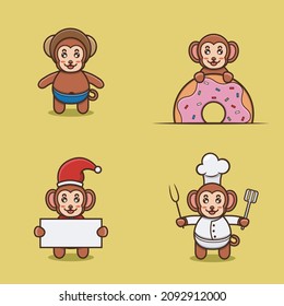 Set Of Cute Baby Monkey Character With Various Poses. Wearing Helmet, on Donuts, christmas and chef. Vector and Illustration.