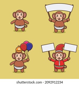 Set von scharfen Affen-Figuren mit verschiedenen Posen. Banner, Ballons und Weihnachtsbanner. Vektorgrafik und Illustration.