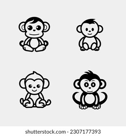 set of Cute baby monkey sitting - isolated on white background