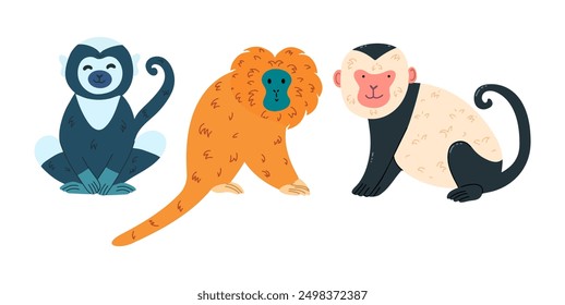 Set of cute baby monkeys on isolated white background. Hand draw adorable animals. 