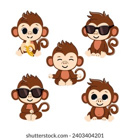 Set of cute baby monkeys. Vector illustration of characters in different poses.