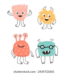 set Cute baby monster characters smiling vector illustration. Can used for greeting card, poster, baby cards. Doodle monsers in trendy style. 