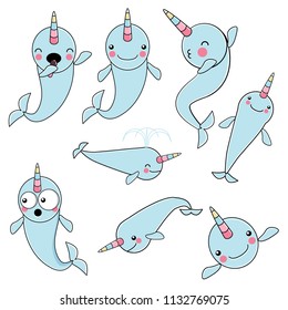 SET of cute baby narwhal or whale unicorn characters 