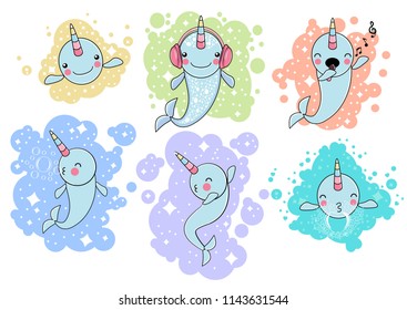 SET of cute baby narwhal or whale unicorn characters 