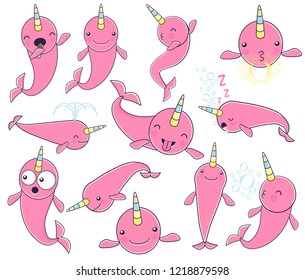 SET of cute baby narwhal or whale unicorn characters 