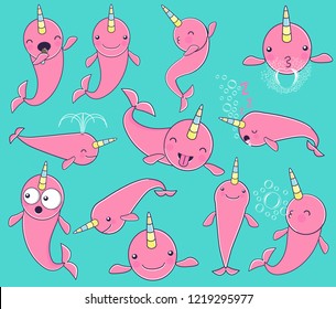 SET of cute baby narwhal or whale unicorn characters 