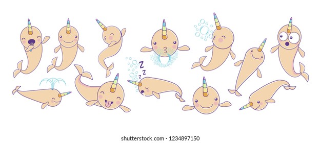 SET of cute baby narwhal or whale unicorn characters 