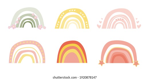 Set of cute baby neutral colored rainbows. Boho rainbows for children's cards, posters for nursery. Vector bohemian baby rainbow. Hand drawn collection for nursery decoration with pastel boho colors