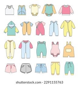 Set cute baby newborn clothes unisex flat vector illustration pack set collection