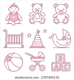 Set of cute baby and nursery items in line art style with stroller childhood playtime collection parenting furniture development education babyhood innocent illustration